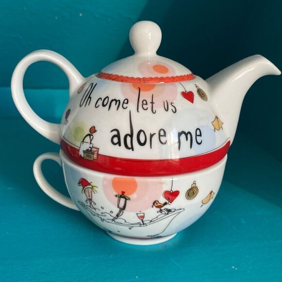 Whimsical Born To Shop Tea for One Stacking Cup & Teapot Oh Come Let Us Adore Me - Picture 1 of 7